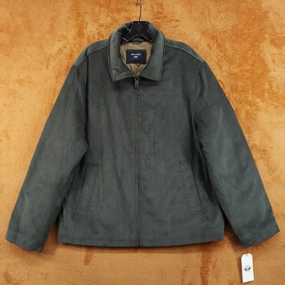 DOCKERS Mens Jacket Large Green Chartreuse Corduroy Zip Up Bomber Quilted $225